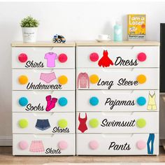 a white dresser with lots of different items on it and the words shirts underdress, long sleeves, pajamas, swimsuits, pants