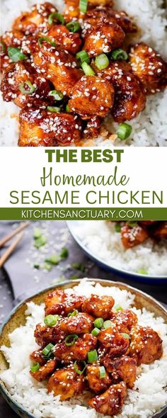 the best homemade sesame chicken recipe is on top of rice and garnished with scallions