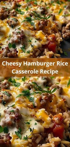 cheesy hamburger rice casserole recipe with ground beef and cheese on top