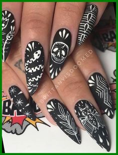 Detailed Doodles, Skull Nail Designs, Simple Nails Acrylic, Goth Grunge Aesthetic, Halloween Nails Design, Nails Grunge, Skull Nails, Nails Inspired, Nails Design Ideas