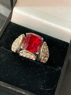 Size N red ruby glass Paste silver tone cocktail dress ring! Red Ruby Ring With Vvs Clarity And Baguette Cut, Exquisite Red Ruby Ring With Round Cut, Exquisite Red Round Cut Ruby Ring, Red Ruby Round Ring, Luxury, Exquisite Brilliant-cut Ruby And Diamond Ring, Vintage Tea Party, Red Band, Dress Rings, Lovely Ring