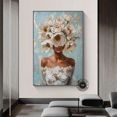 a woman with flowers on her head in a living room