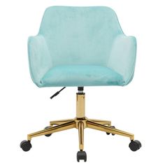 a light blue office chair with gold wheels