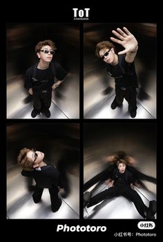 a series of photoshopped images of a man in black clothing and sunglasses posing for the camera