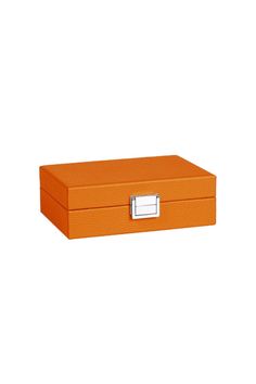 an orange box with a metal latch on the top and bottom, sitting in front of a white background