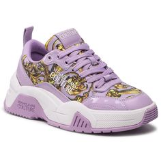 Versace Jeans Couture sneakers in lilac calfskin printed with gold design, parts in lilac patent leather, rubber logo on the side and on the tongue, lilac rubber sole Stockings Lingerie, Online Fashion Boutique, Purple Leather, Versace Jeans Couture, Versace Jeans, Guess Jeans, Gold Design, Satchel Bags, Shoulder Bag Women