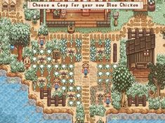 an old computer game showing a farm with lots of trees and bushes on it,