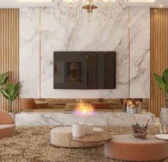 a living room with marble walls and flooring, chandelier above the fireplace