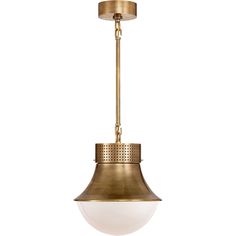 an antique brass pendant light with a white glass shade