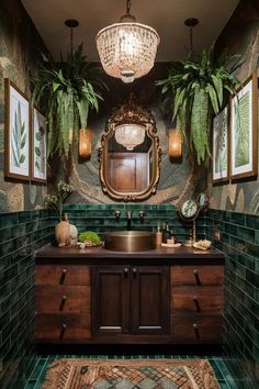 a bathroom with green tile and wooden vanity, potted plants on the wall above it