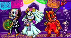 three cartoon skeletons dressed up as bride and groom walking in front of a decorated tent