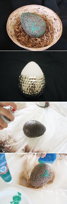 three different pictures showing the process of making an object with plastic wrapper and glue