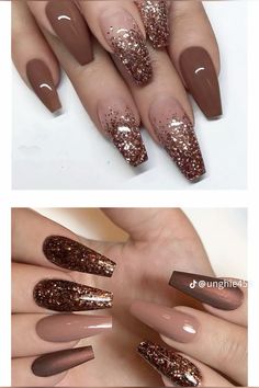 Bronze Nails Designs, Bronze Nails, Brown Acrylic Nails, Gold Acrylic Nails, Brown Nails Design, Fall Gel Nails, Brown Nails, Elegant Nails