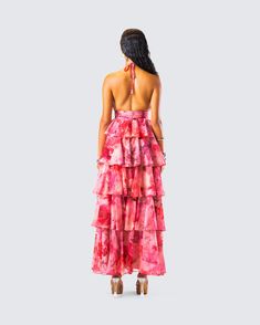 Nothing like a burst of fun and flair 💕 Made from chiffon fabric and complete with voluminous tiered ruffles and shirring at the waistband - this pink floral maxi dress will have you sashaying your way to the center of attention 🌺 Cruise Fits, Pink Floral Maxi Dress, Center Of Attention, Sorority Recruitment, Black Off Shoulder, Sorority Outfits, Graphic Top, White Jersey, Pocket Pants