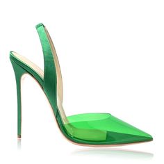 Slingback décolleté with pointed toe in satin with pvc toe. T 120mm pin coupling Upper: Satin and PVC Interior: Genuine leather Fit: Regular Non-slip sole Handcrafted footwear 100% Made in Italy Very High Heels, Green Accessories, Avant Garde Fashion, Green Satin, Slingback Pump, Pump Sandals, Lace Boots, Stiletto Heel, Real Leather