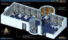 the inside of a star trek ship with all its rooms and equipment labeled in blue