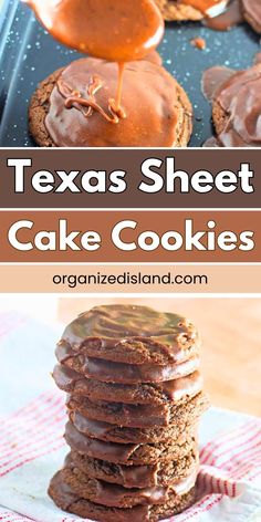 texas sheet cake cookies are stacked on top of each other