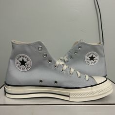 Size Men’s 9/Women’s 11 Chuck Taylor All Star 70 High Top Shoes In The Color Light Blue-Gray. Canvas Material. They Are In Perfect Condition. Brand New And Never Worn All Orders Ship Next Business Day. Gray High-top Canvas Shoes With Laces, Gray Converse, Light Grey Converse, Converse High Tops Gray, Converse Gray High-top Sneakers With Round Toe, Blue Gray Converse, Cute Converse Shoes, Converse Aesthetic, Grey Converse