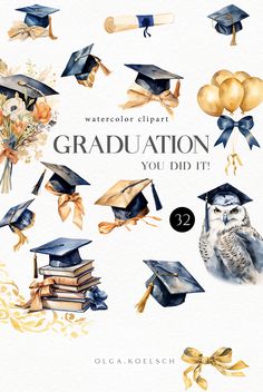 watercolor graduation caps and diplomas with gold foil lettering on the bottom right corner