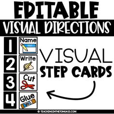 a poster with words and pictures on it that says, editable visual directions virtual step cards