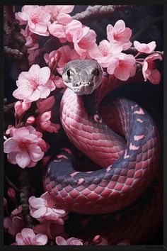 a snake is curled up on a branch with pink flowers in the foreground and dark background