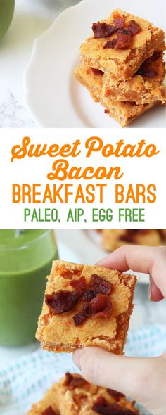 sweet potato bacon breakfast bars are stacked on top of each other and ready to be eaten