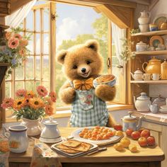 a painting of a teddy bear holding a plate of food in front of a window