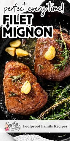 two steaks in a cast iron skillet with rosemary garnish