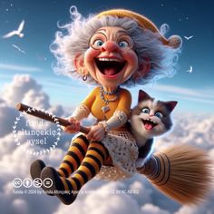 an old woman riding on top of a broom with a cat in the sky behind her