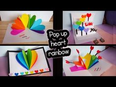 pop up heart rainbow card with paper flowers and hearts on the front, inside and out