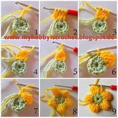 the crochet flower is being worked on