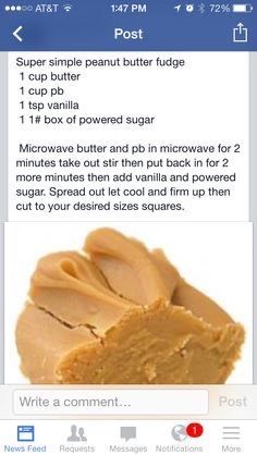 the recipe for peanut butter fudge is displayed on an iphone screen, and it appears to be in english