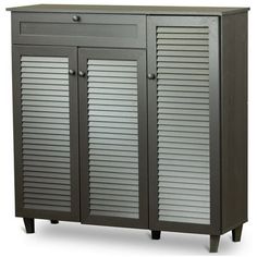 a gray cabinet with shutter doors on the front and bottom, against a white background