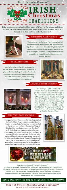 the irish christmas traditions flyer is shown in red and green colors, with images of holiday decorations