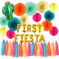 the words final fiesta surrounded by colorful decorations