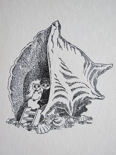 an image of a cartoon character hiding behind a giant seashell with shells on the ground