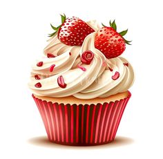 a cupcake with white frosting and strawberries on top