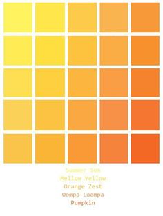 an orange and yellow color scheme with the words, summer sun below each block in white