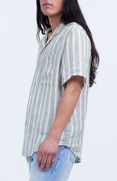 Designed to be worn untucked, this slightly oversized short-sleeve shirt has a relaxed fit that's just so, well, easy. Made of breezy (and breathable) 100% linen, this printed version is perfect for doing that laid-back-yet-put-together thing. 30" length; 46" chest (size Medium) Front button closure Notched collar Short sleeves Chest patch pocket 100% linen Machine wash, tumble dry Imported Men's Clothing Linen Short, Notched Collar, Chest Size, Patch Pocket, Short Sleeve Shirt, Men's Clothing, Madewell, Sleeve Shirt, Button Down Shirt