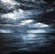 an abstract painting of dark clouds over the ocean