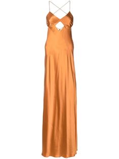 copper orange silk satin finish cut-out detailing rear tie fastening V-neck sleeveless long length Michelle Mason, Long Length, Satin Finish, Silk Satin, Cold Shoulder Dress, Evening Dresses, Cut Out, Top Brands, Dress Outfits