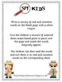 a poster with words and pictures on it that say, spy kids write a variety of real and nonsense words on the blank page with a white crayon