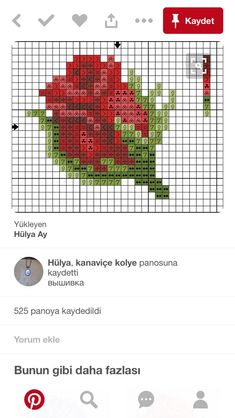 the cross stitch pattern is shown in red and green, with an image of a flower on