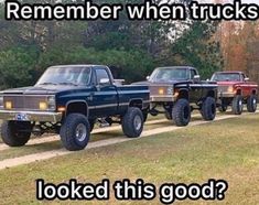 four trucks are lined up in a row with the caption, what do you think?