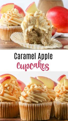 Cupcakes with caramel whipped frosting, salted caramel drizzle and apple slice Apple Cupcakes Recipe, Salted Caramel Buttercream Frosting, Apple Spice Cupcakes, Cupcakes With Caramel, Caramel Apple Cupcakes, Caramel Buttercream Frosting, Homemade Cupcake Recipes, Caramel Apple Spice