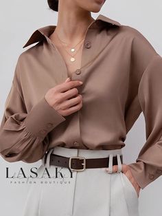 Lasaky - Exquisite Blouse with Lantern Sleeves and Shirt Collar Elegant Brown Collared Blouse, Elegant Brown Office Shirt, Elegant Brown Button-up Blouse, Elegant Brown Collared Tops, Elegant Brown Blouse With Buttons, Elegant Brown Tops With Collar, Elegant Brown Tops With Buttons, Elegant Brown Long Sleeve Tops, Elegant Long Sleeve Brown Top