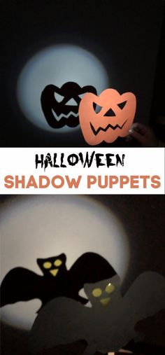 halloween shadow puppets with pumpkins and bats in the background, text reads halloween shadow puppets