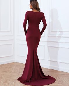 v-neck burgundy cutout mermaid evening dress with long sleeves Prom Evening Dresses, Long Sleeve Bandage Dress, Red Long Sleeve Dress, Floor Length Prom Dresses, Long Sleeve Prom, Long Sleeve Dress Formal, Fishtail Dress, Mermaid Evening Dresses, Red Long Sleeve