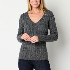 This St. John's Bay women's pullover sweater is a must-have piece for cooler days. It's made from a soft cotton-blend cable knit in a regular-fit with a v-neckline, long sleeves, and ribbed trim. Wear it with jeans and loafers for a sharp, everyday look. Features: EssentialsClosure Type: Pullover HeadFit: Regular FitNeckline: V NeckSleeve Length: Long SleeveApparel Length: 25 Inches - Front, 24.5 Inches - BackFiber Content: 88% Cotton, 12% NylonFabric Description: Cable KnitCare: Machine Wash, T Large Sweaters, Small Sweater, Pullover Sweater Women, Knit Pullover, Knitted Pullover Sweaters, Knitted Pullover, Grey Sweater, Pullover Sweater, Everyday Look