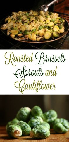 roasted brussel sprouts and cauliflower on the grill with text overlay